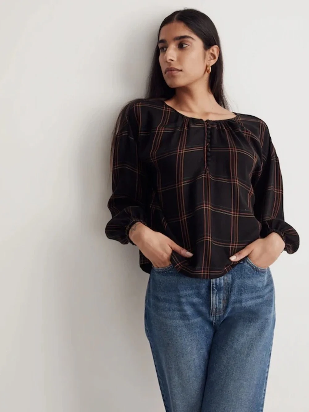 Madewell Skirred Peasant Top in Windowpane Sz XL - Picture 3 of 12